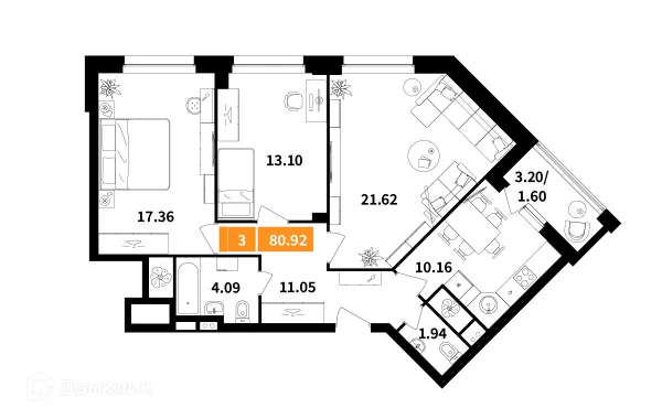 Планировка 3 комн. в ЖК Планерный квартал