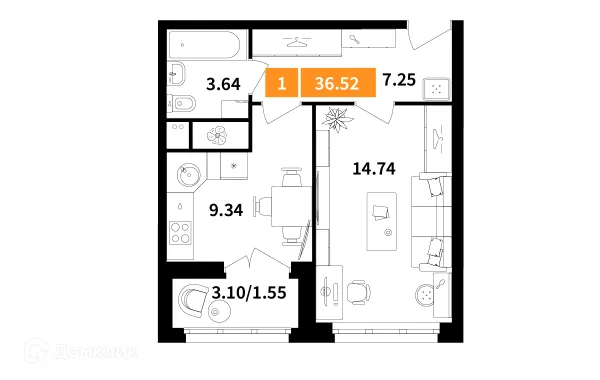 Планировка 1 комн. в ЖК Планерный квартал