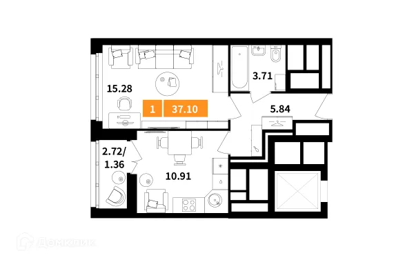Планировка 1 комн. в ЖК Планерный квартал