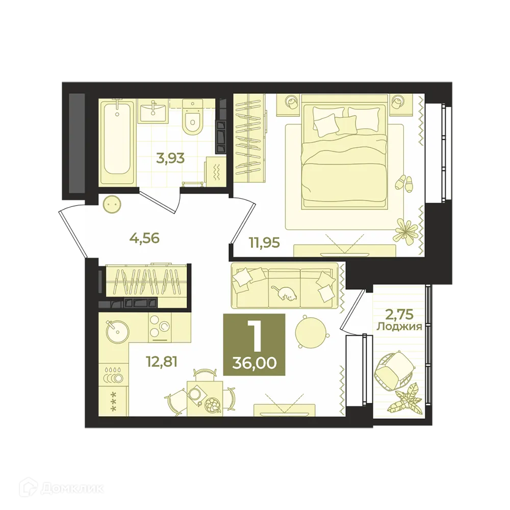 Планировка 1-комнатной квартиры 36 м² в ЖК СКМ Ривер, г. Екатеринбург — фото 2