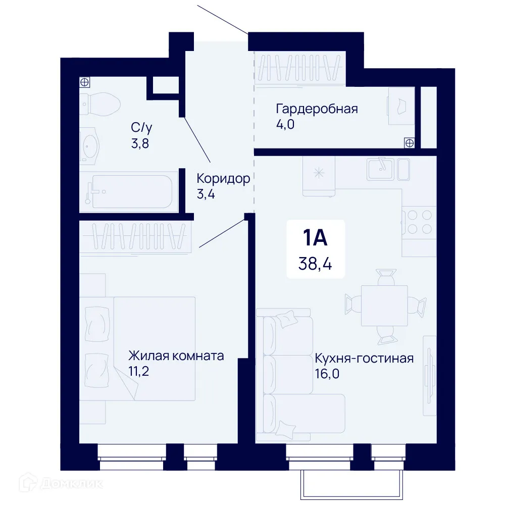 Планировка 1-комнатной квартиры 38.4 м² в ЖК Галактика, г. Екатеринбург — фото 1