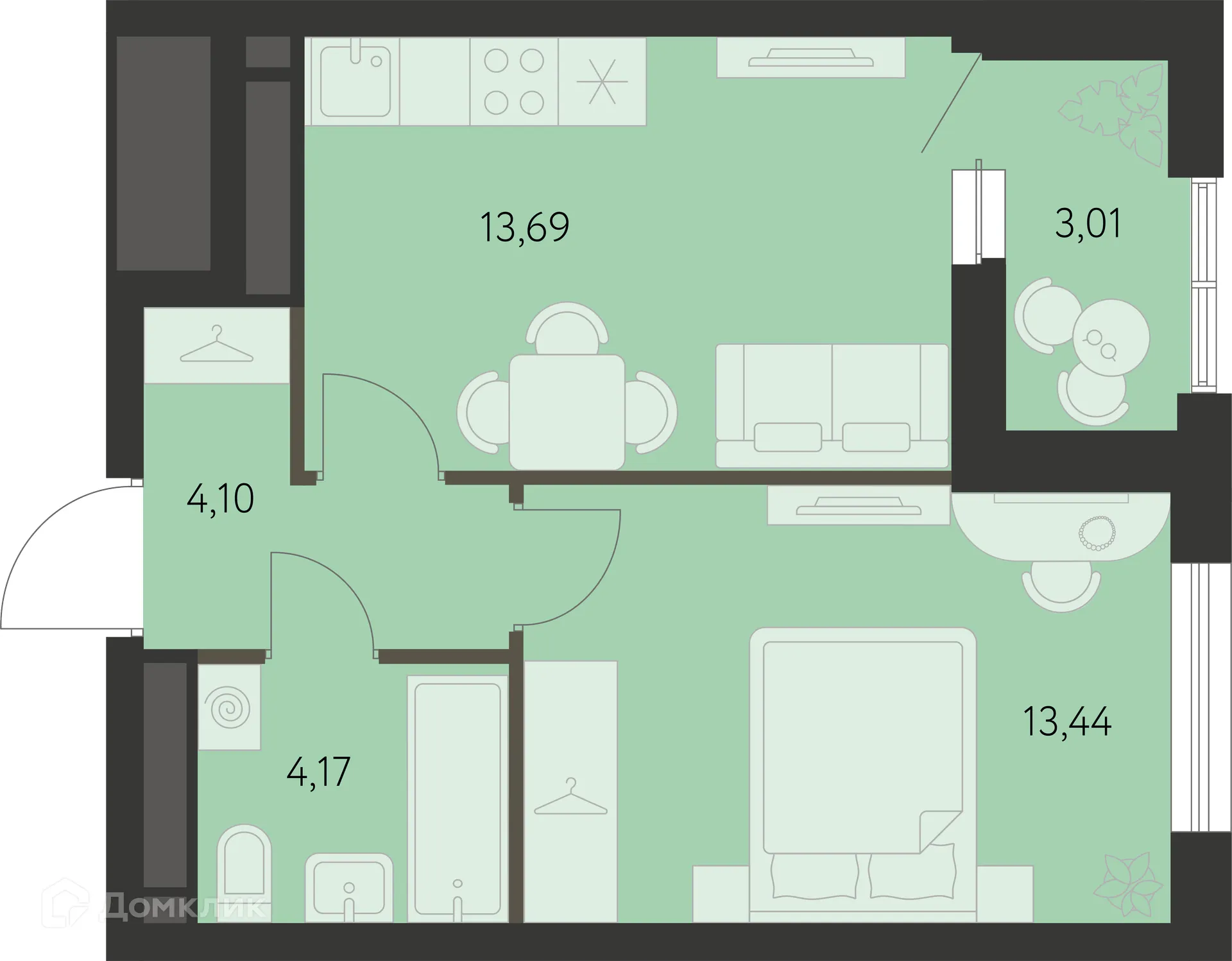 Планировка 1-комнатной квартиры 36.91 м² в ЖК Первый Академ, г. Екатеринбург — фото 1