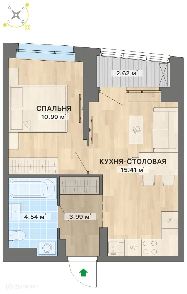 Планировка 1-комнатной квартиры 37.55 м² в ЖК Речной квартал, г. Екатеринбург — фото 1