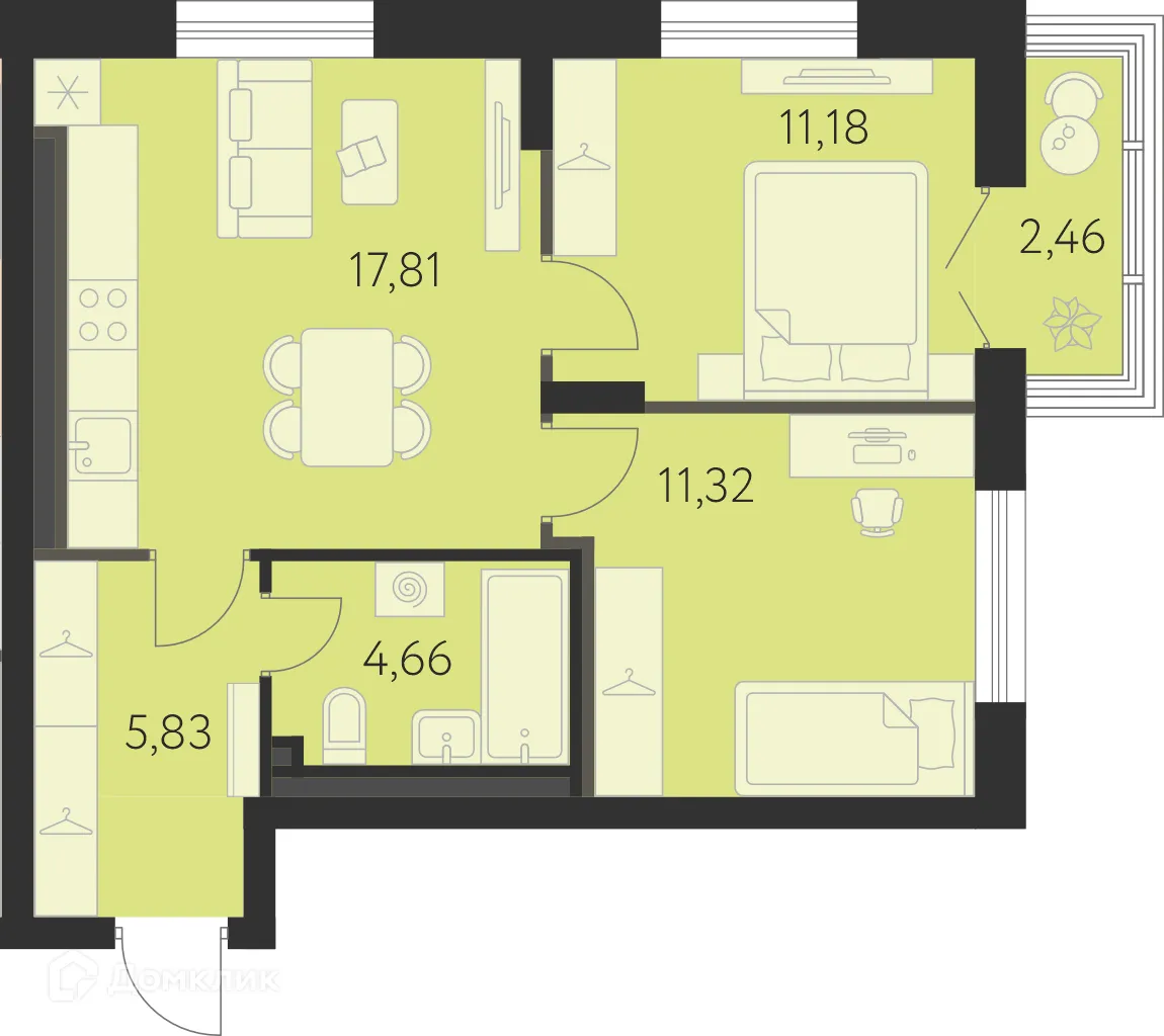 Планировка 2-комнатной квартиры 51.54 м² в ЖК Спутник-1, г. Екатеринбург — фото 1