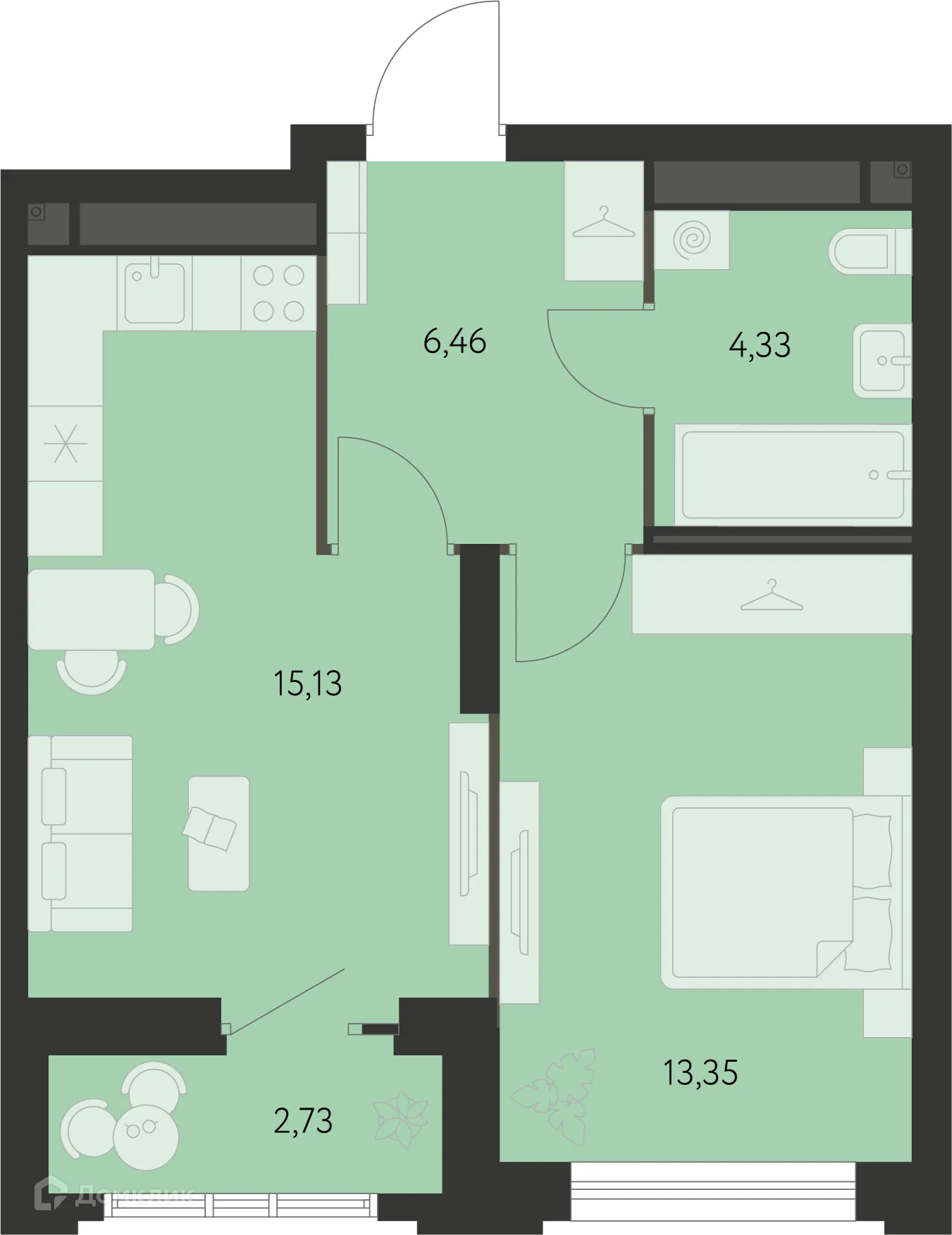 Планировка 1-комнатной квартиры 40.56 м² в ЖК Первый Академ, г. Екатеринбург — фото 1