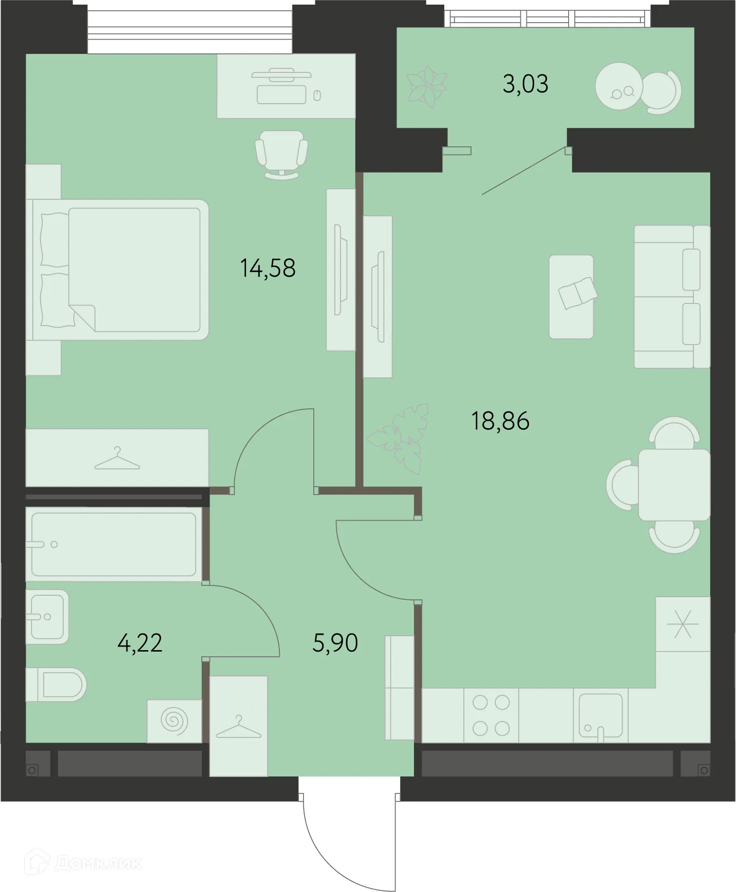 Планировка 1-комнатной квартиры 44.92 м² в ЖК Первый Академ, г. Екатеринбург — фото 1