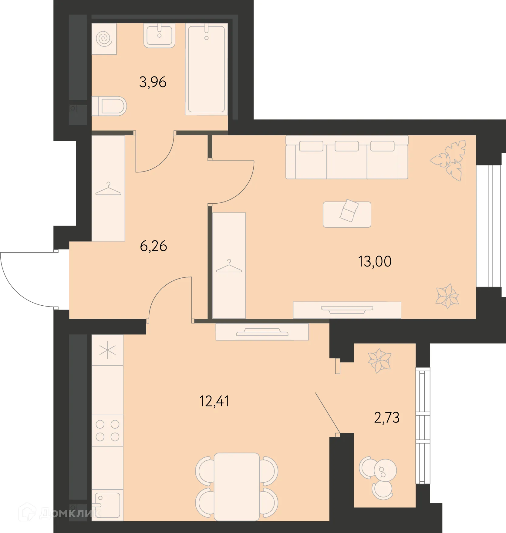 Планировка 1-комнатной квартиры 36.86 м² в ЖК Первый Академ, г. Екатеринбург — фото 1