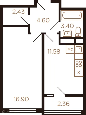 Планировка 1 комн. в ЖК Миниполис Рафинад