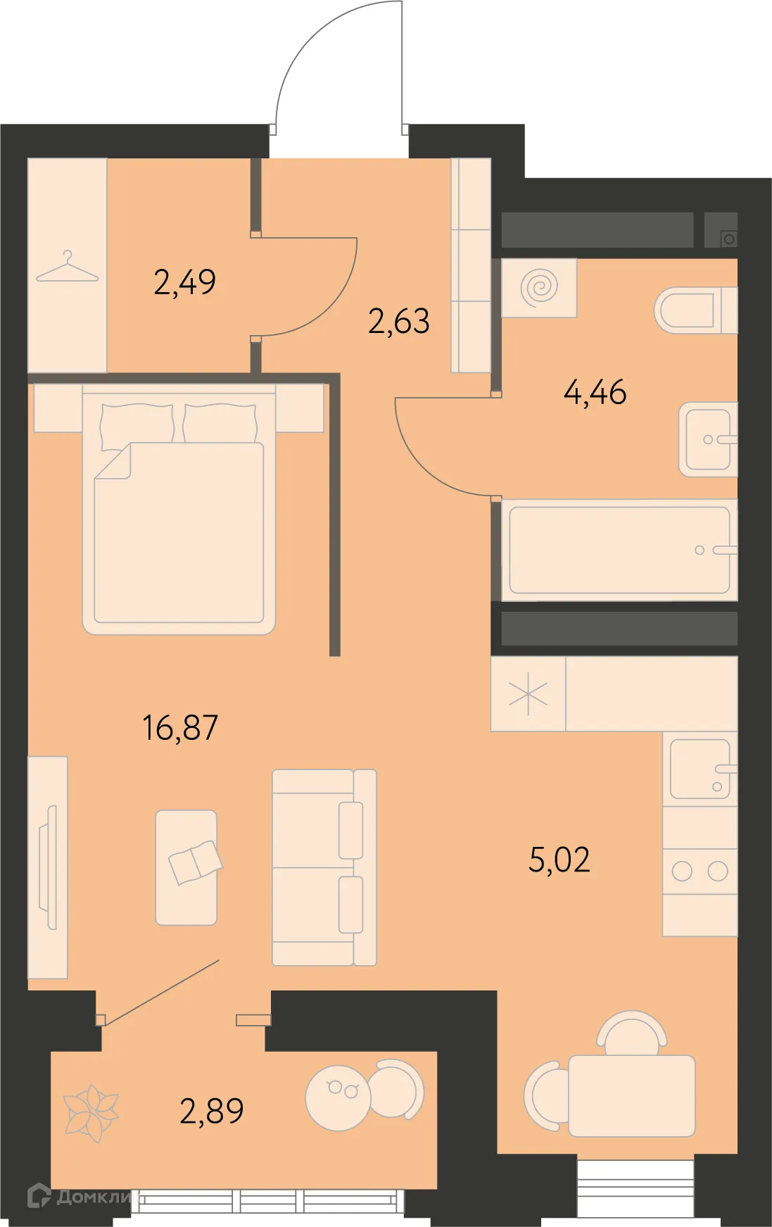 Планировка 1-комнатной квартиры 32.77 м² в ЖК Первый Академ, г. Екатеринбург — фото 1