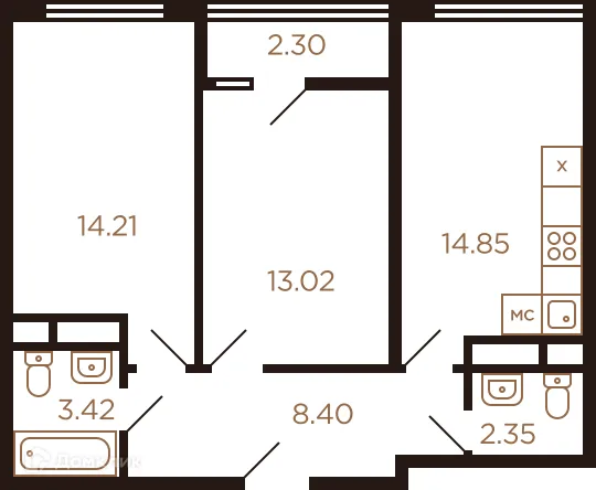 Планировка 2 комн. в ЖК Миниполис Рафинад