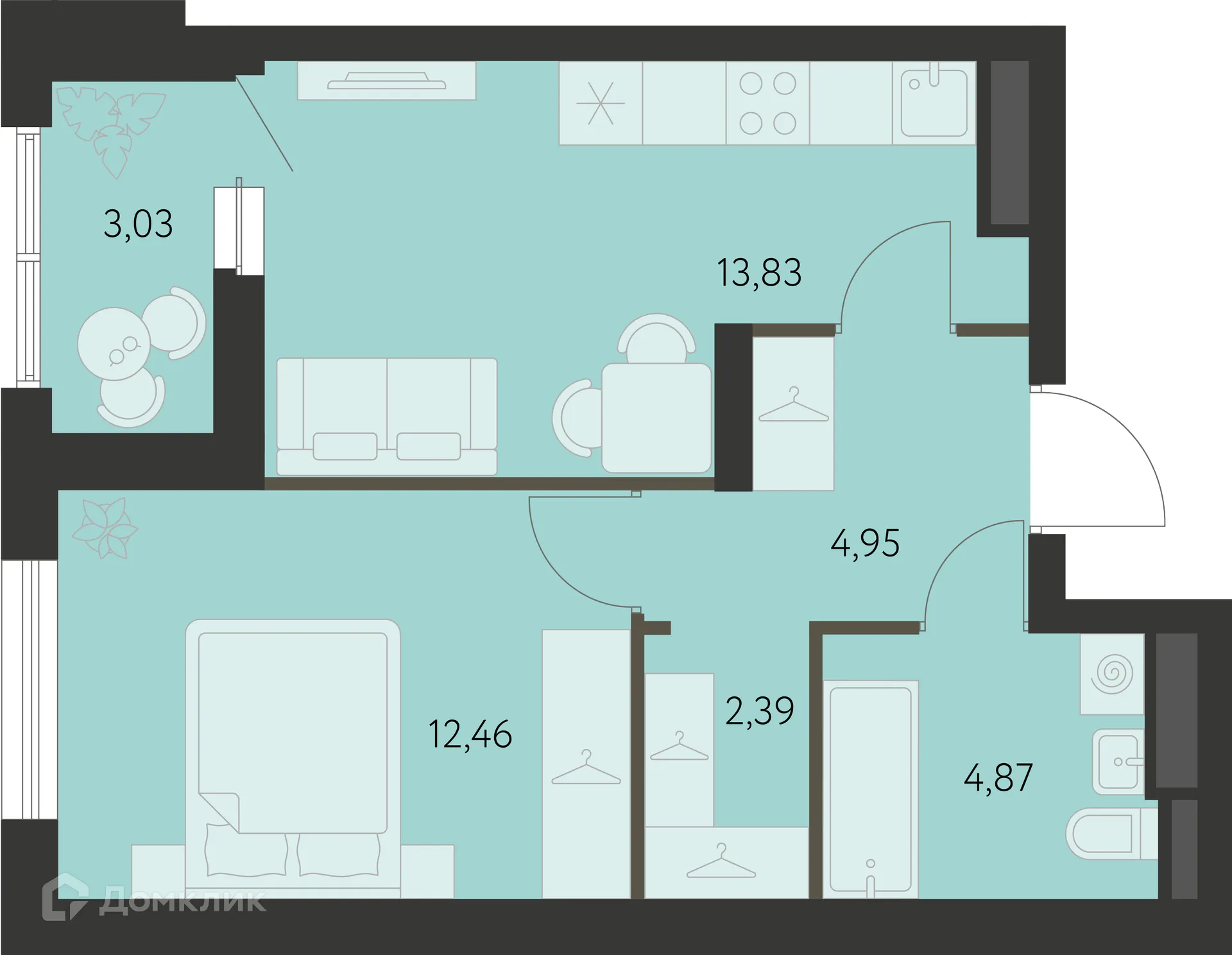 Планировка 1-комнатной квартиры 39.22 м² в ЖК Первый Академ, г. Екатеринбург — фото 1