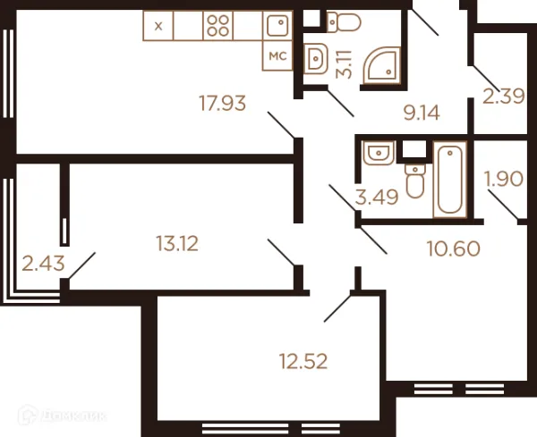 Планировка 3 комн. в ЖК Миниполис Рафинад