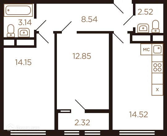 Планировка 2 комн. в ЖК Миниполис Рафинад