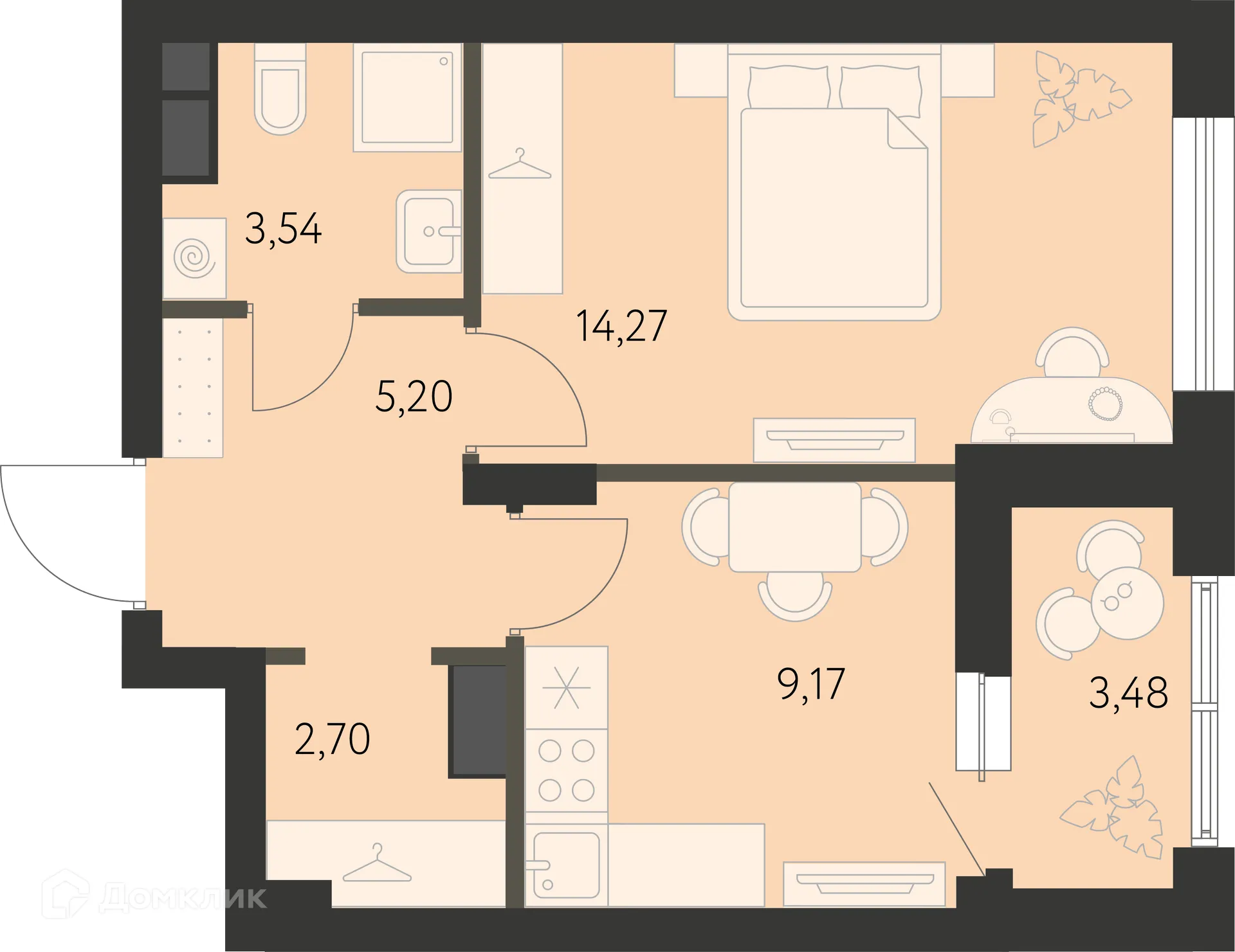 Планировка 1-комнатной квартиры 36.62 м² в ЖК Первый Академ, г. Екатеринбург — фото 1