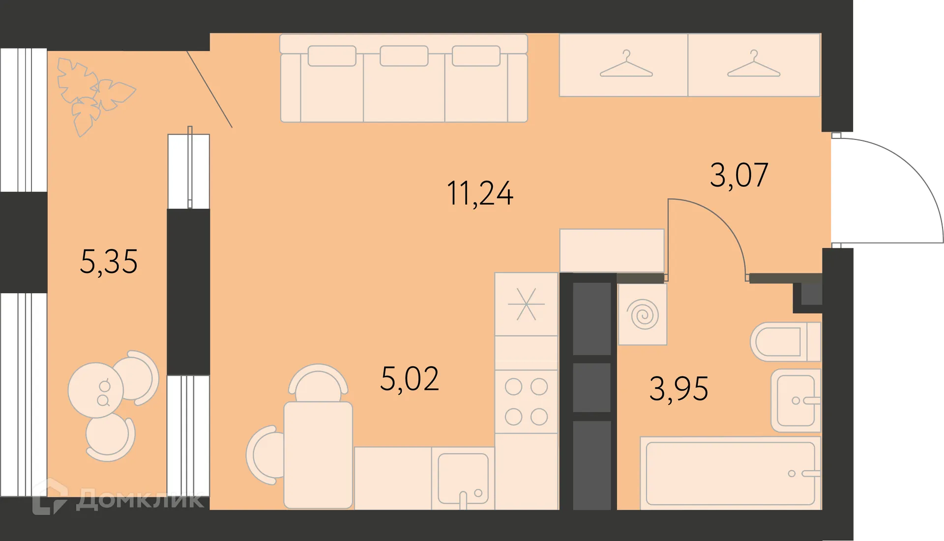 Планировка 1-комнатной квартиры 25.96 м² в ЖК Первый Академ, г. Екатеринбург — фото 1
