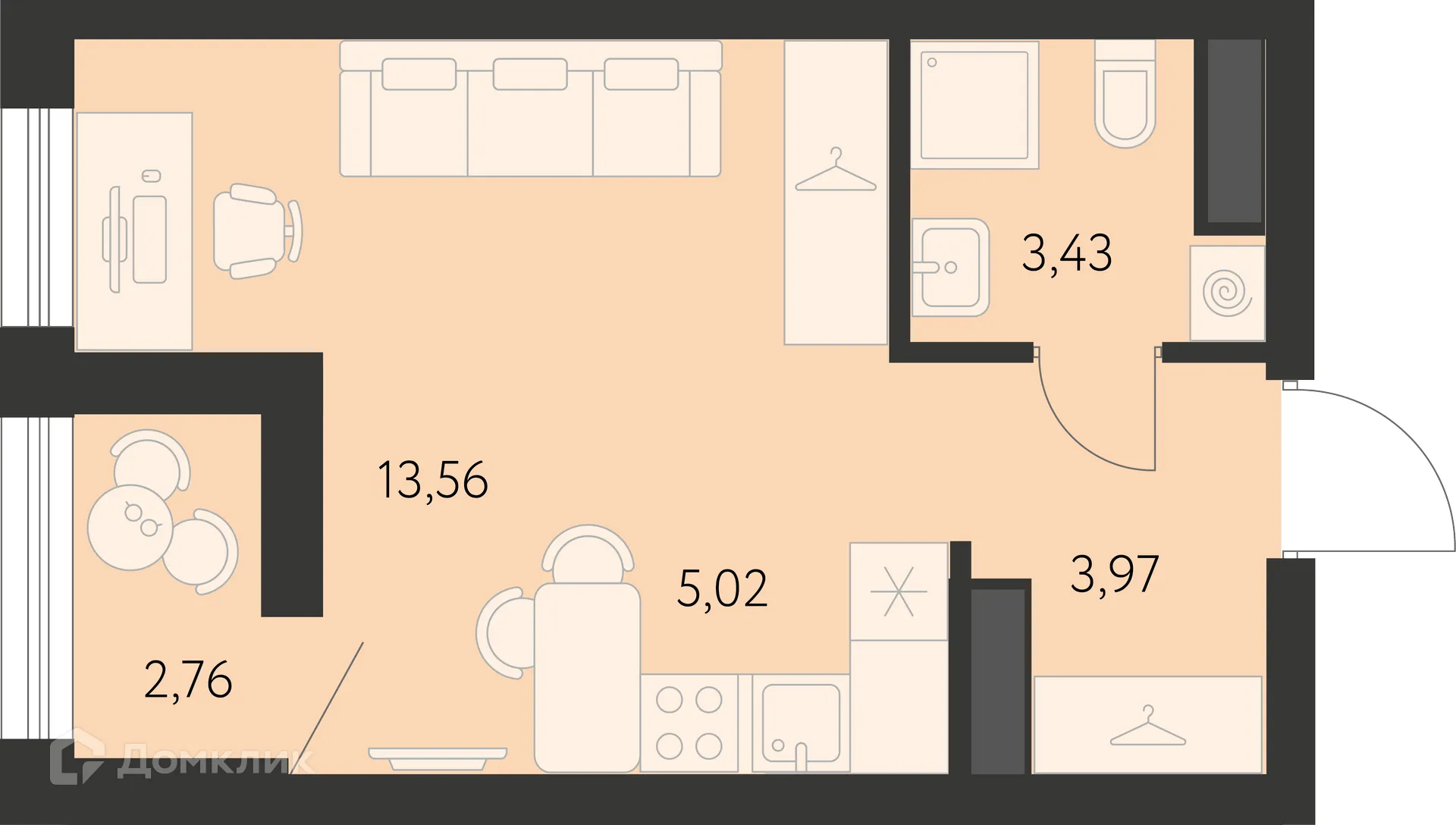 Планировка 1-комнатной квартиры 27.36 м² в ЖК Первый Академ, г. Екатеринбург — фото 1