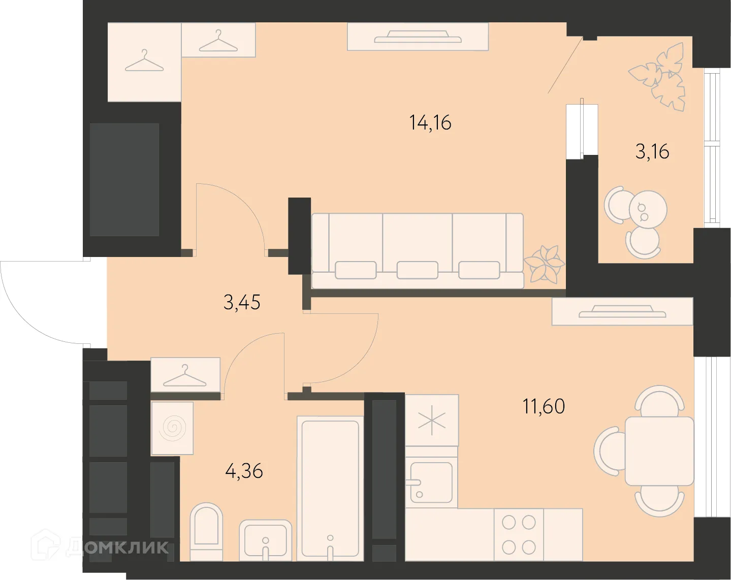 Планировка 1-комнатной квартиры 35.02 м² в ЖК Первый Академ, г. Екатеринбург — фото 1