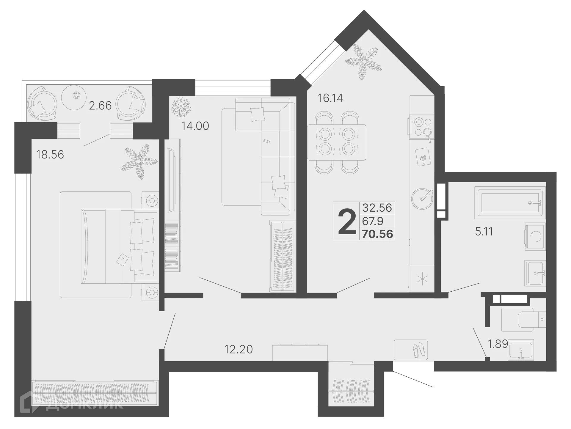 Планировка 2-комнатной квартиры 69.23 м² в ЖК Светский лес, г. Сочи — фото 1
