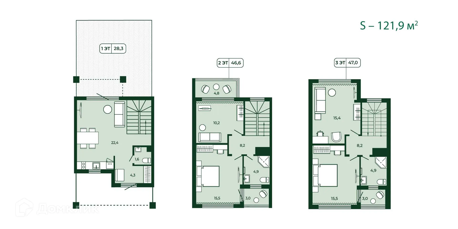 Планировка 3-комнатной квартиры 121.9 м² в ЖК Загородный квартал ЛЕСОЧИ, г. Сочи — фото 3