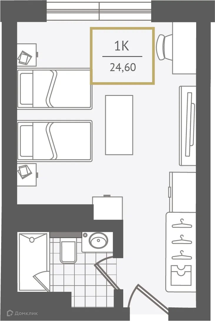 Планировка 1-комнатной квартиры 25.1 м² в ЖК Гостиничный комплекс "Нескучный сад", г. Сочи — фото 1
