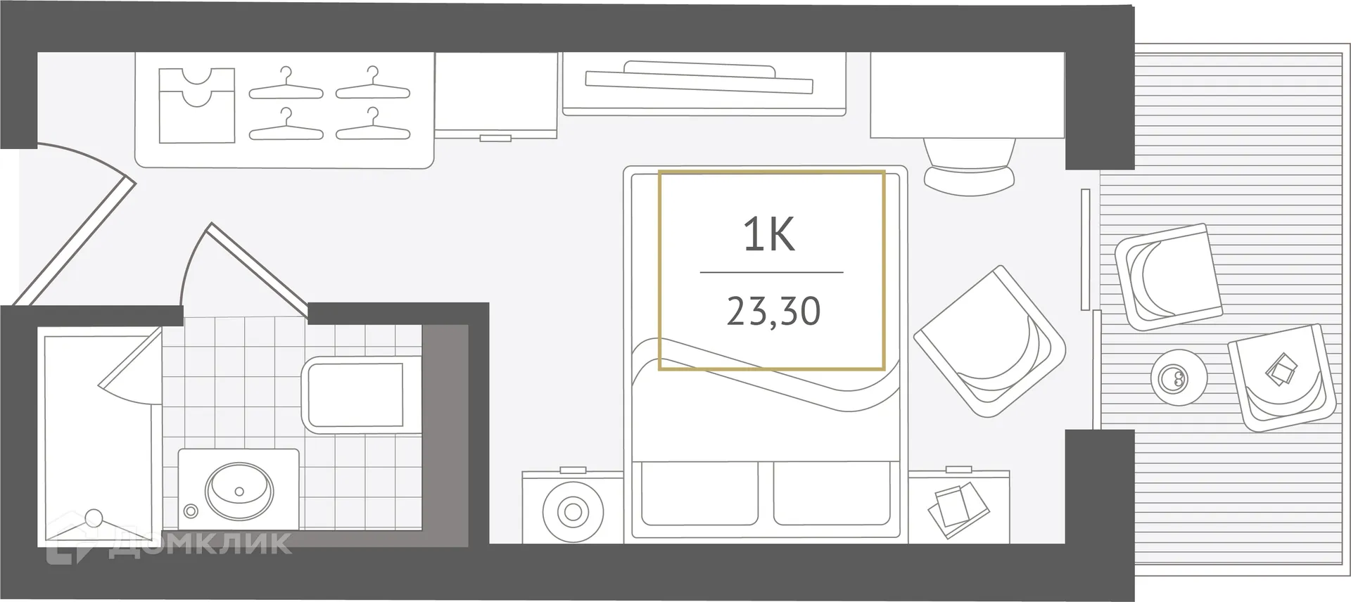 Планировка 1-комнатной квартиры 23.3 м² в ЖК Гостиничный комплекс "Нескучный сад", г. Сочи — фото 1