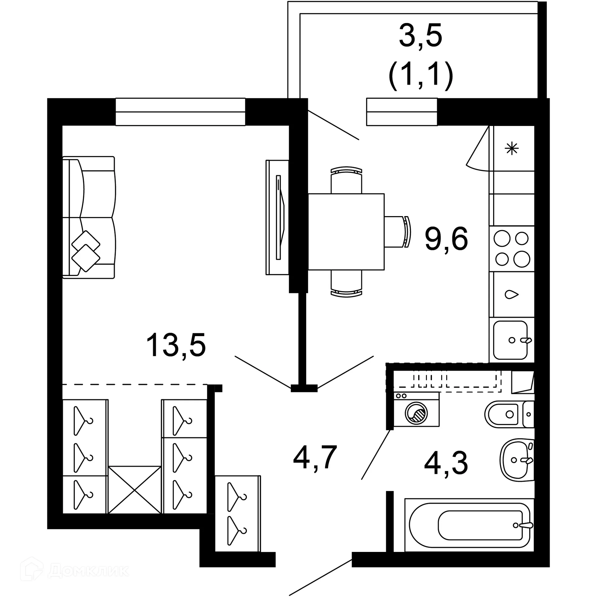 Планировка 1-комнатной квартиры 33.2 м² в ЖК Лестория, г. Сочи — фото 1