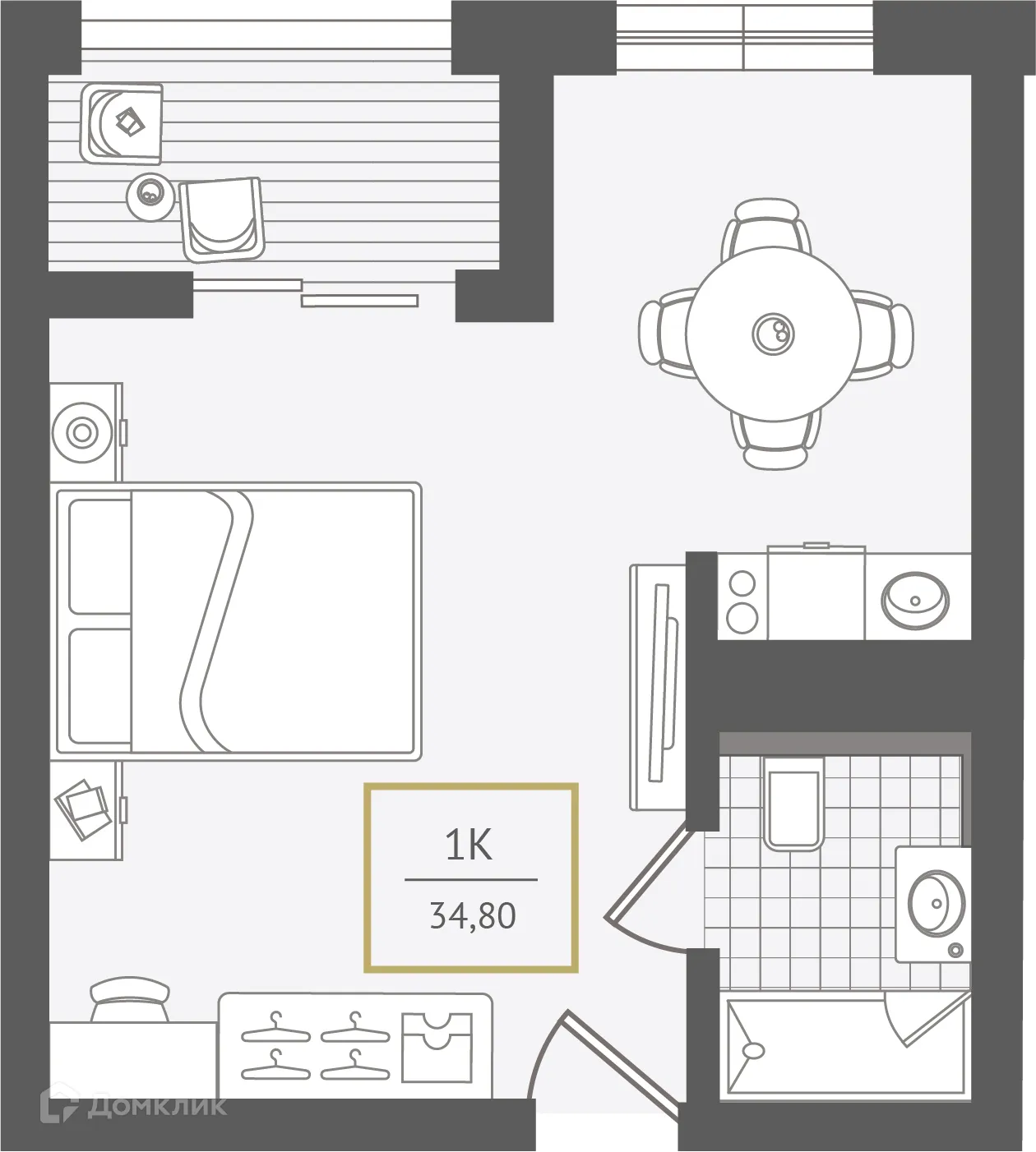 Планировка 1-комнатной квартиры 34.6 м² в ЖК Гостиничный комплекс "Нескучный сад", г. Сочи — фото 1