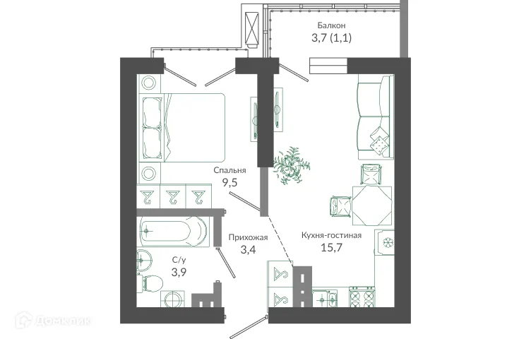 Планировка 1-комнатной квартиры 33.7 м² в ЖК ФЛОРА, г. Сочи — фото 1