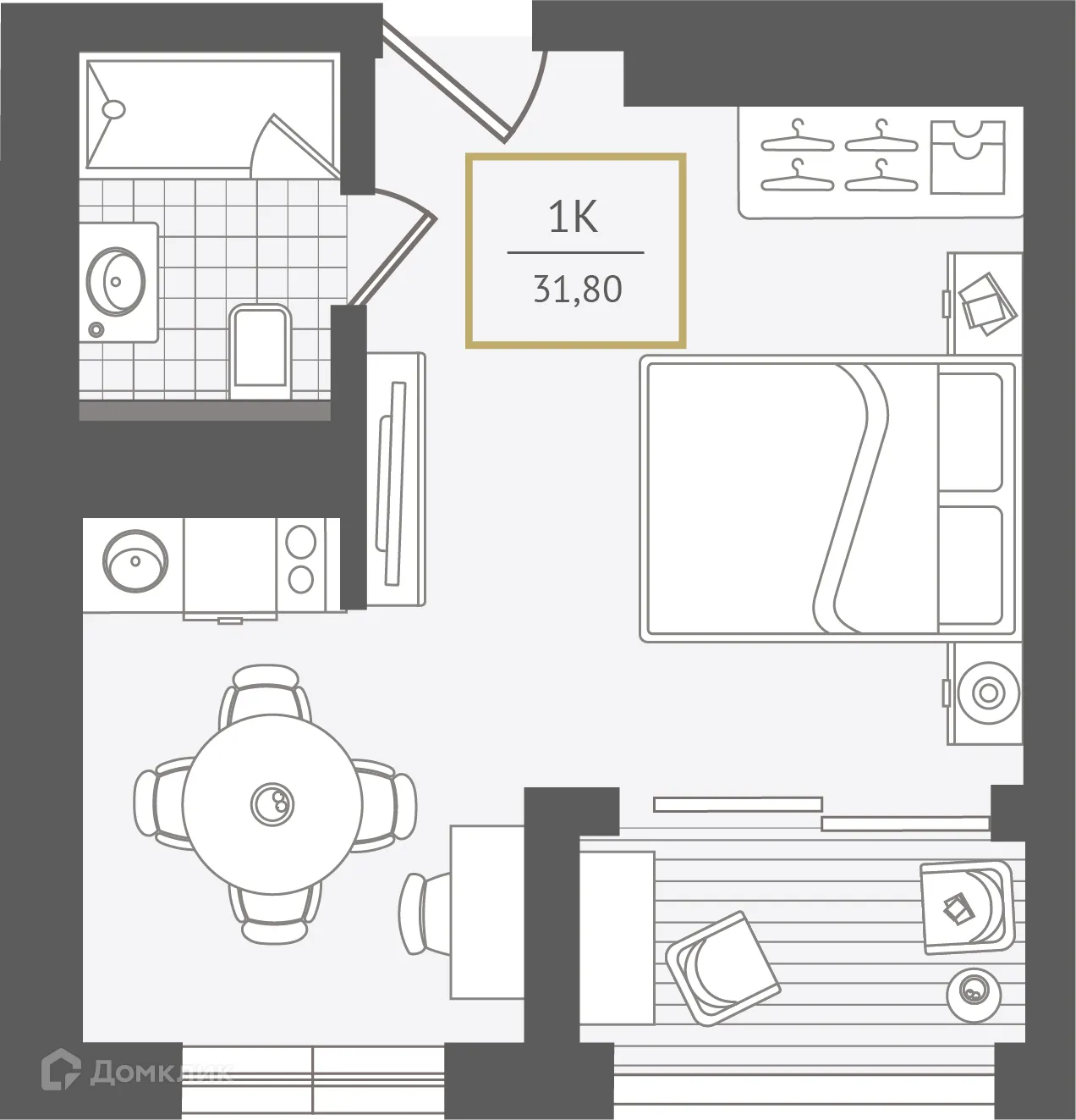 Планировка 1-комнатной квартиры 31.8 м² в ЖК Гостиничный комплекс "Нескучный сад", г. Сочи — фото 1