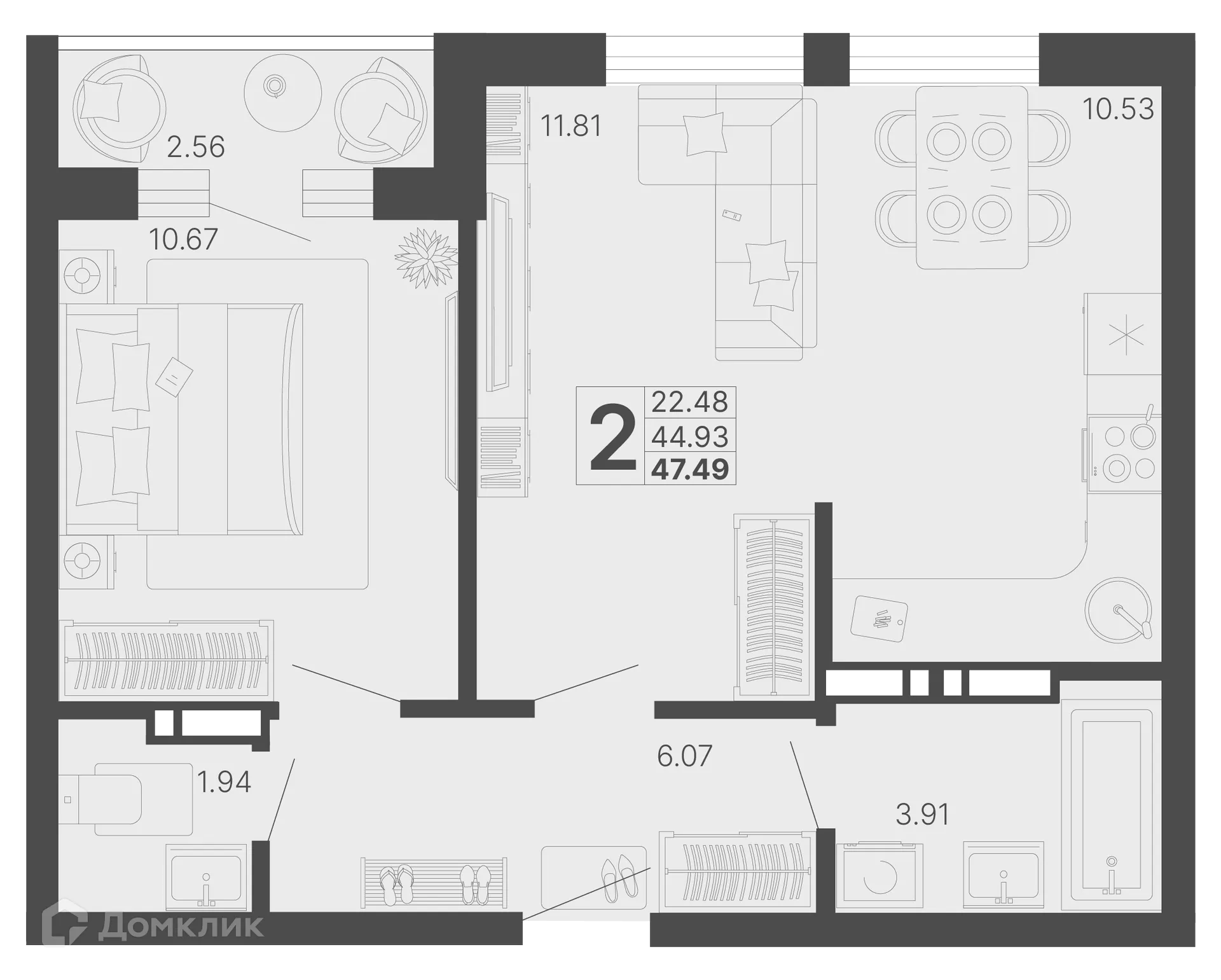 Планировка 2-комнатной квартиры 44.93 м² в ЖК Светский лес, г. Сочи — фото 1