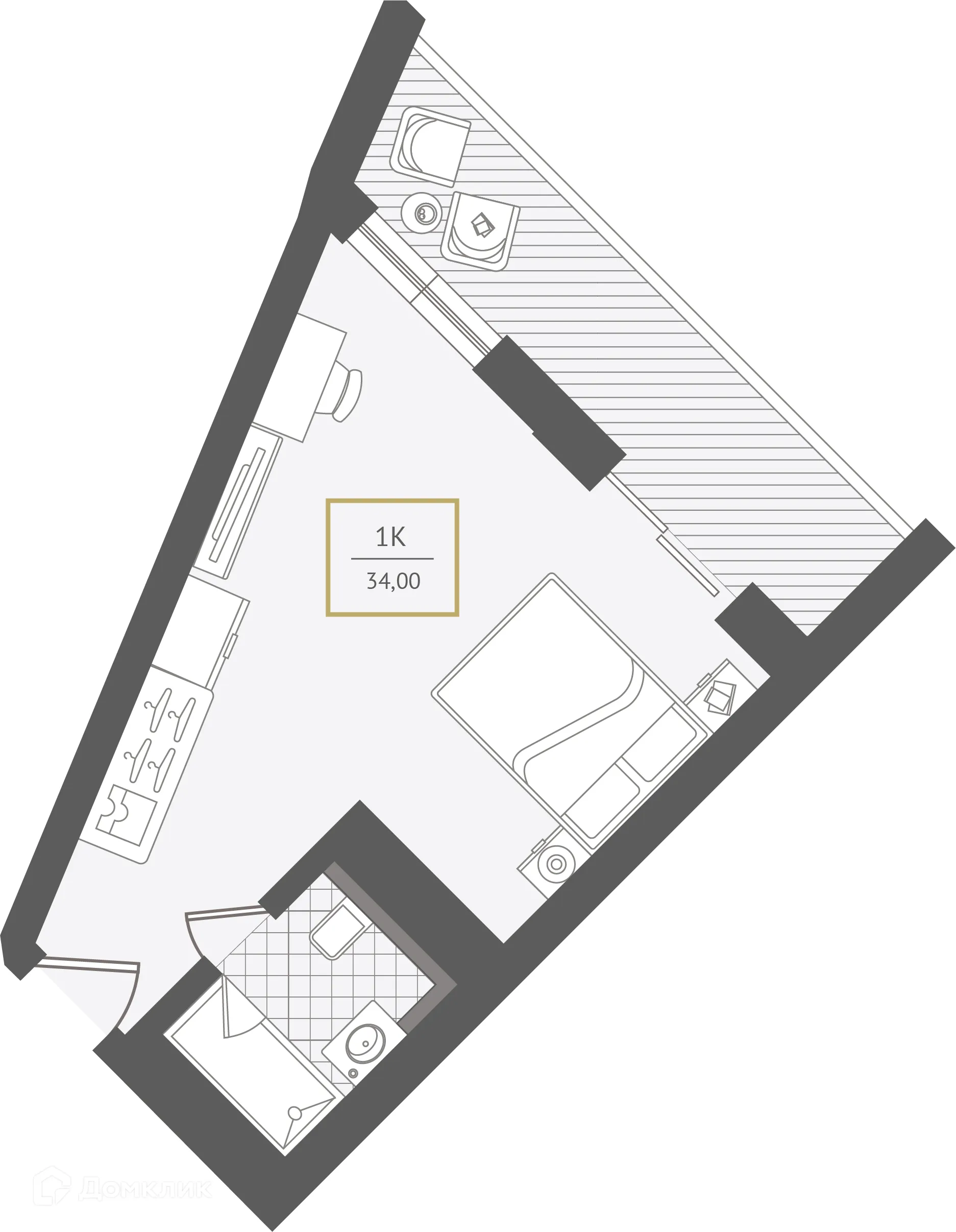 Планировка 1-комнатной квартиры 34.1 м² в ЖК Гостиничный комплекс "Нескучный сад", г. Сочи — фото 1