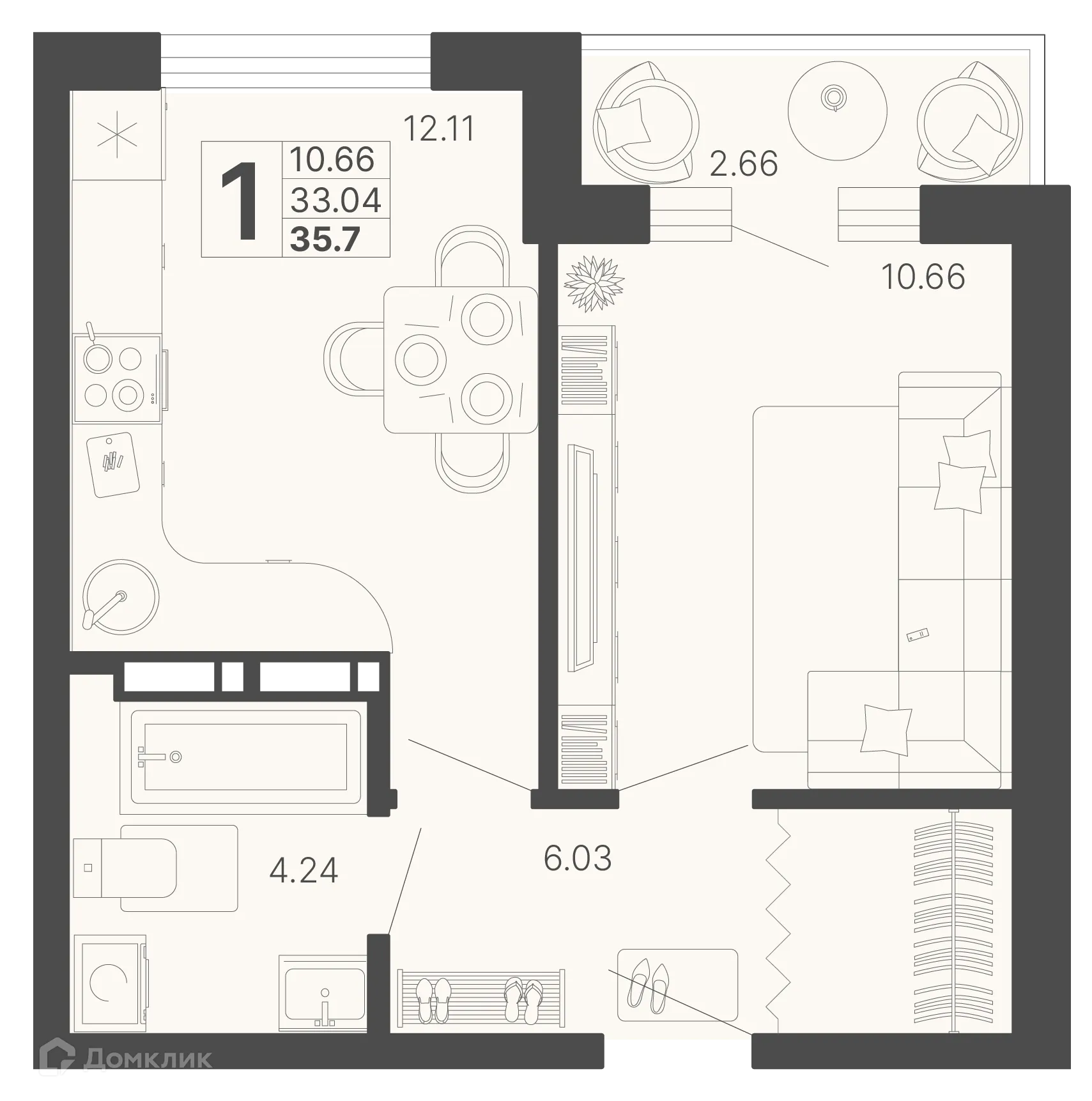 Планировка 1-комнатной квартиры 34.37 м² в ЖК Светский лес, г. Сочи — фото 1