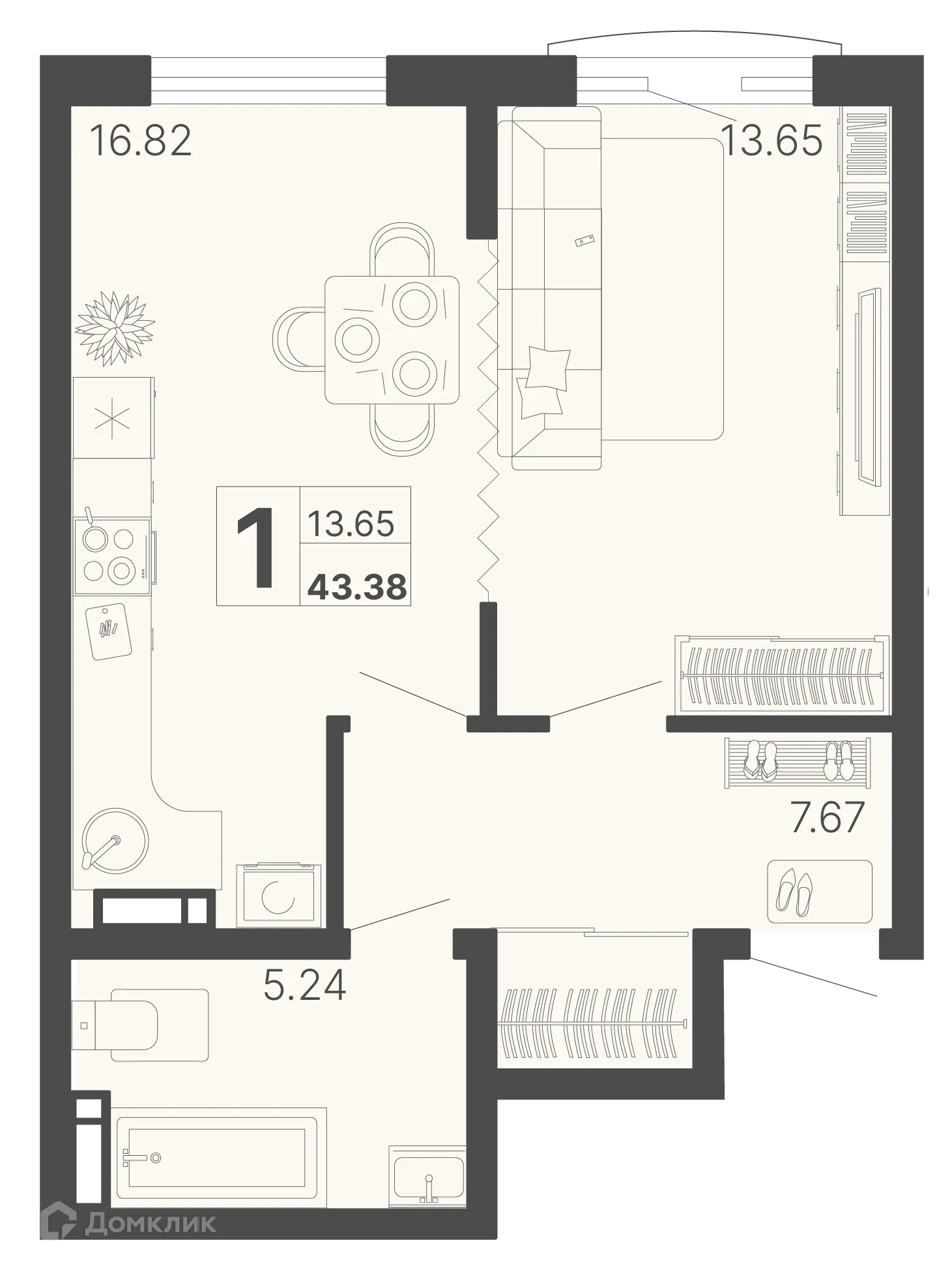 Планировка 1-комнатной квартиры 43.38 м² в ЖК Светский лес, г. Сочи — фото 1