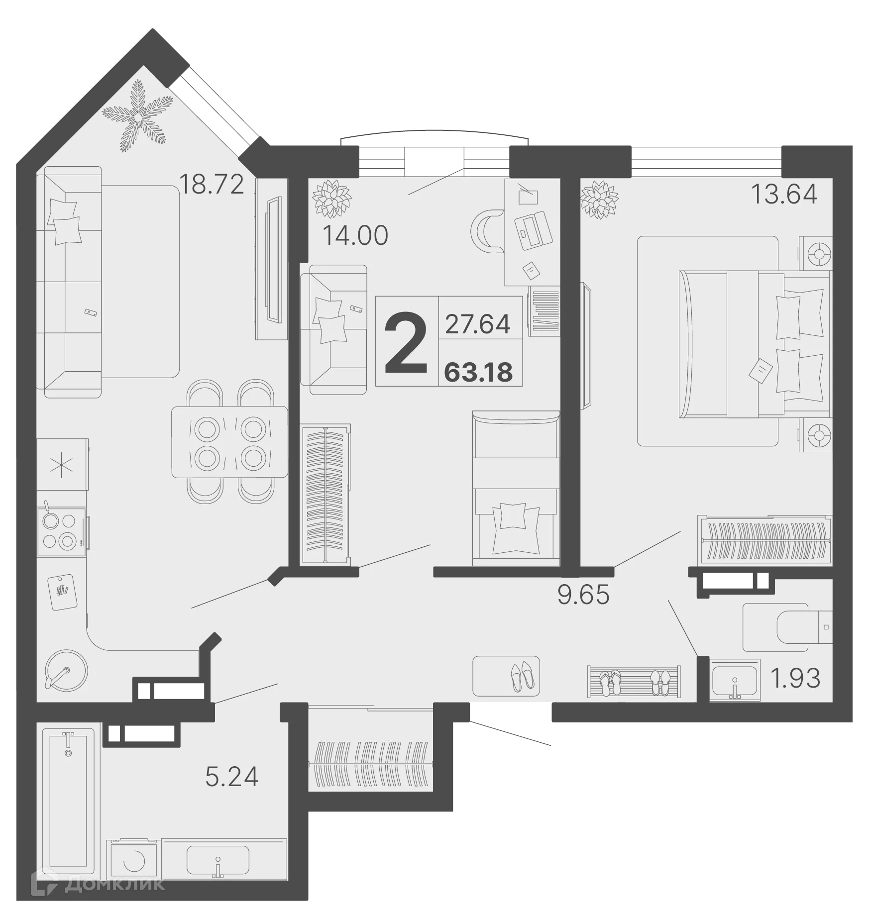 Планировка 2-комнатной квартиры 63.18 м² в ЖК Светский лес, г. Сочи — фото 1