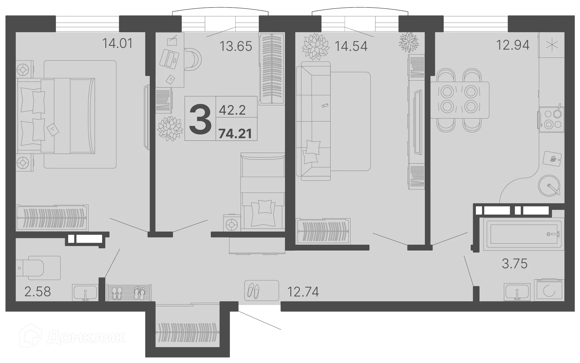 Планировка 3-комнатной квартиры 74.21 м² в ЖК Светский лес, г. Сочи — фото 1