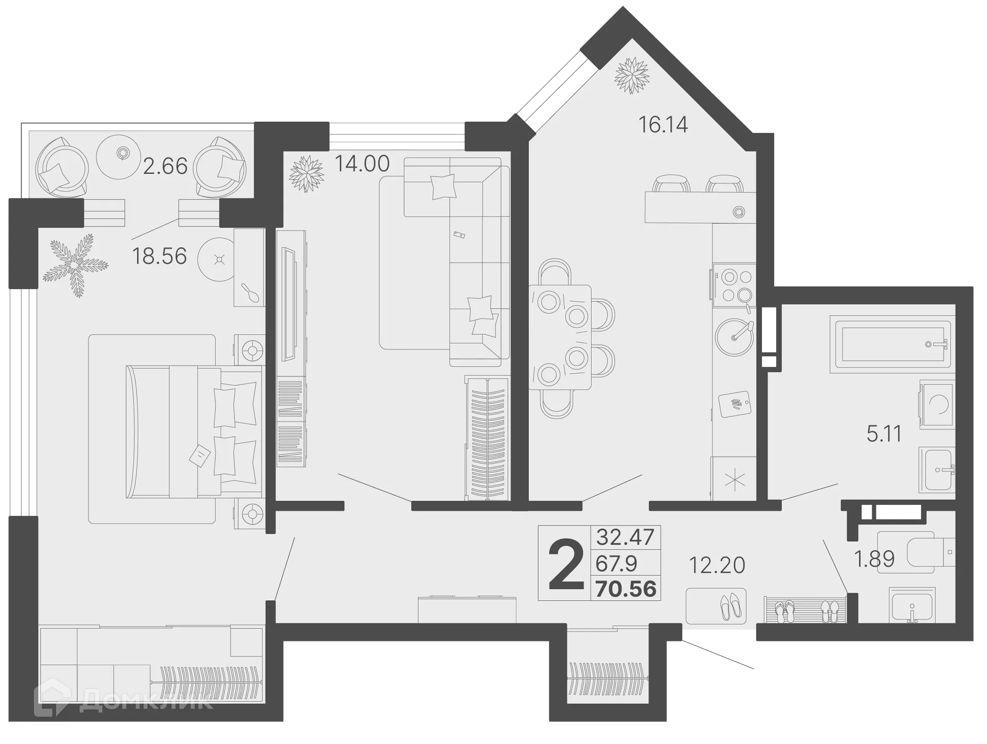 Планировка 2-комнатной квартиры 69.23 м² в ЖК Светский лес, г. Сочи — фото 1