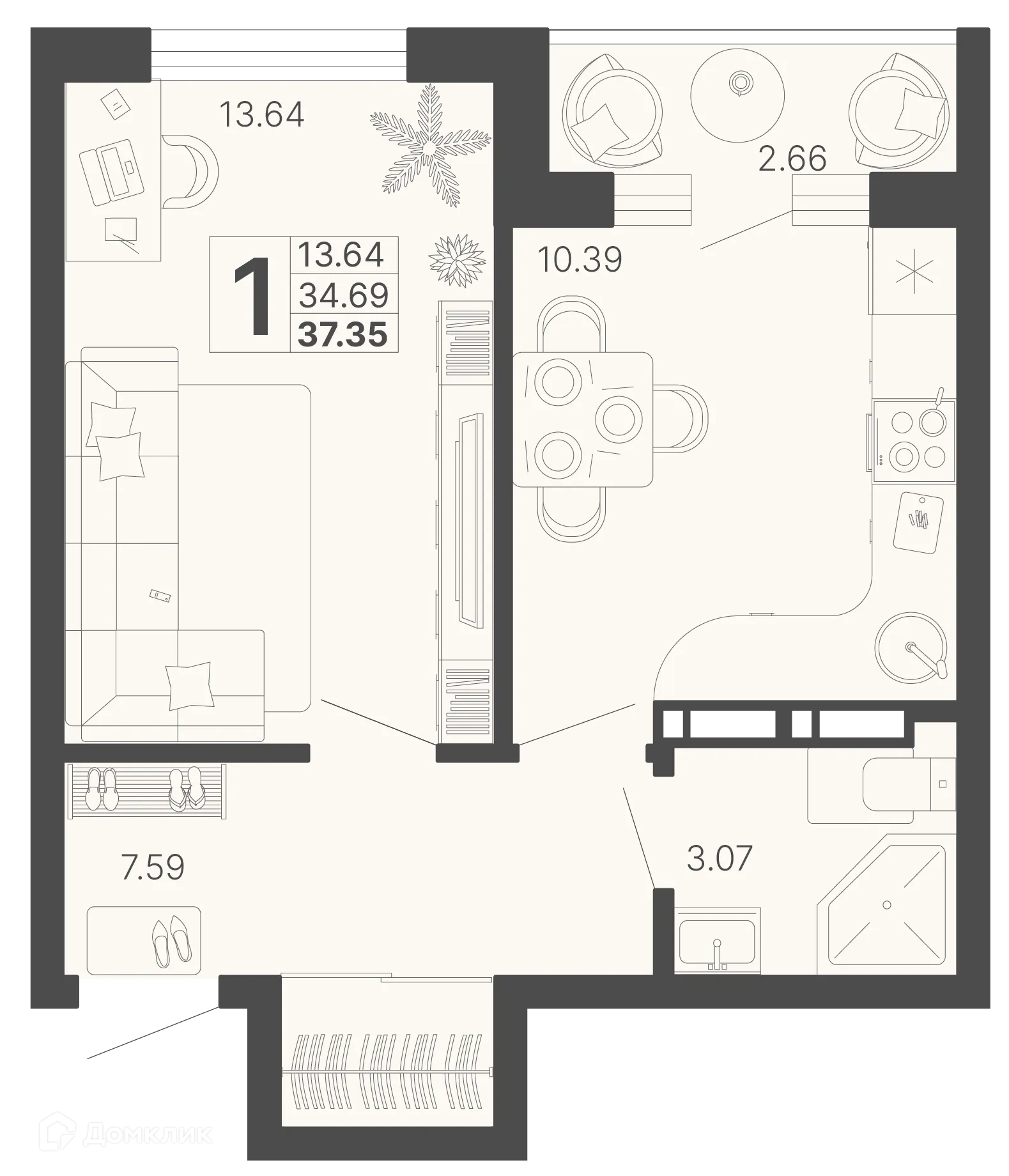 Планировка 1-комнатной квартиры 36.02 м² в ЖК Светский лес, г. Сочи — фото 1