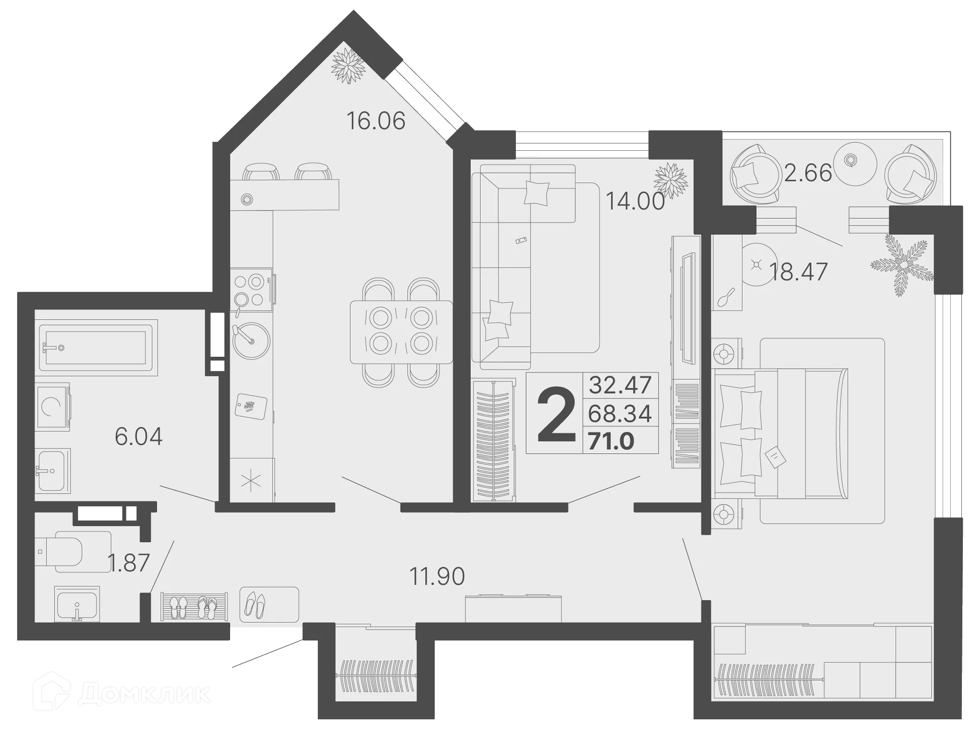 Планировка 2-комнатной квартиры 69.67 м² в ЖК Светский лес, г. Сочи — фото 1