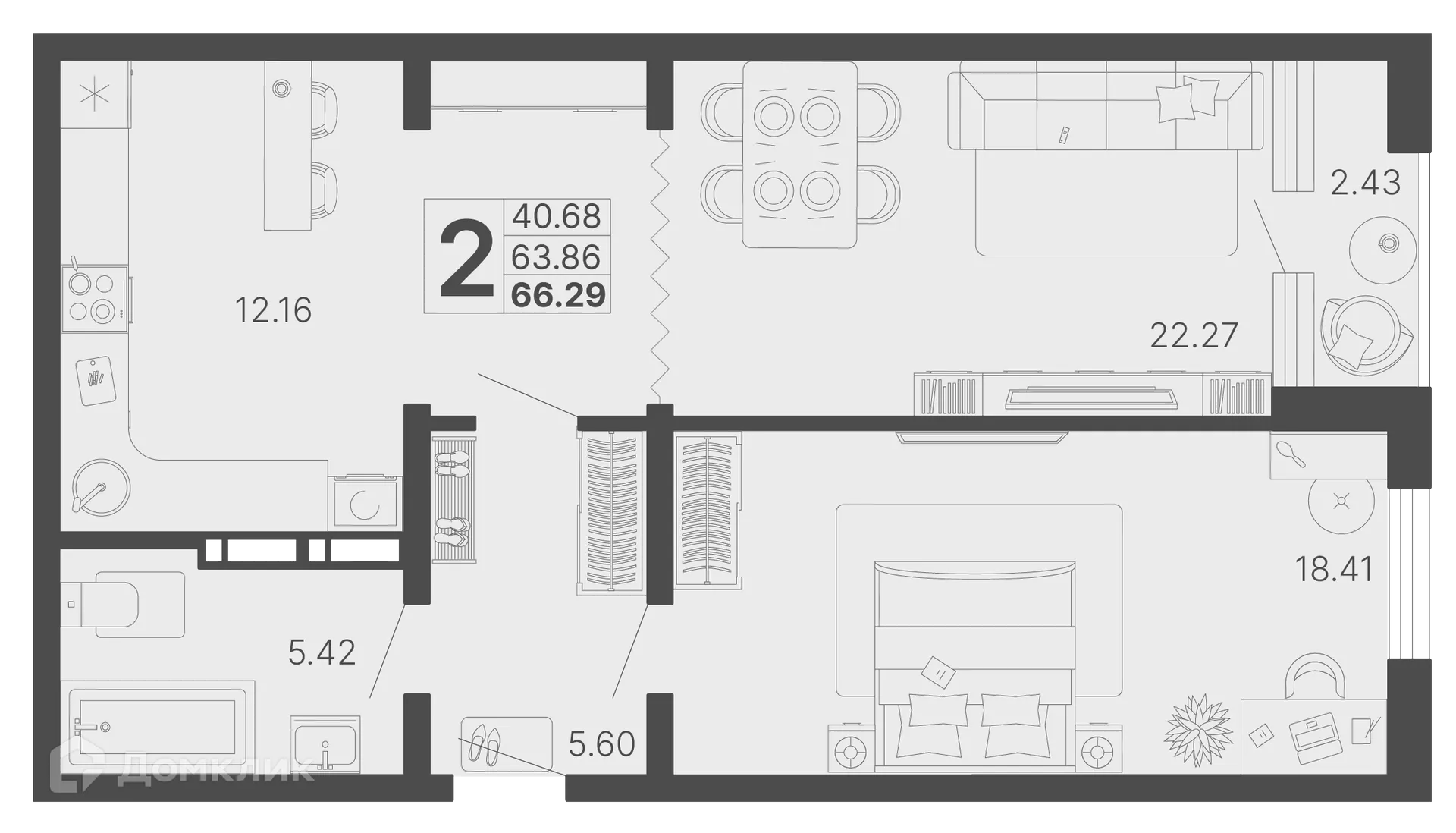 Планировка 2-комнатной квартиры 65.08 м² в ЖК Светский лес, г. Сочи — фото 1