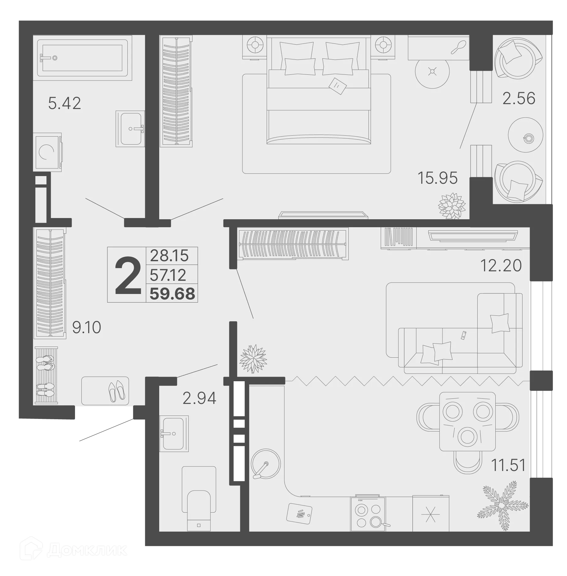 Планировка 2-комнатной квартиры 58.4 м² в ЖК Светский лес, г. Сочи — фото 1