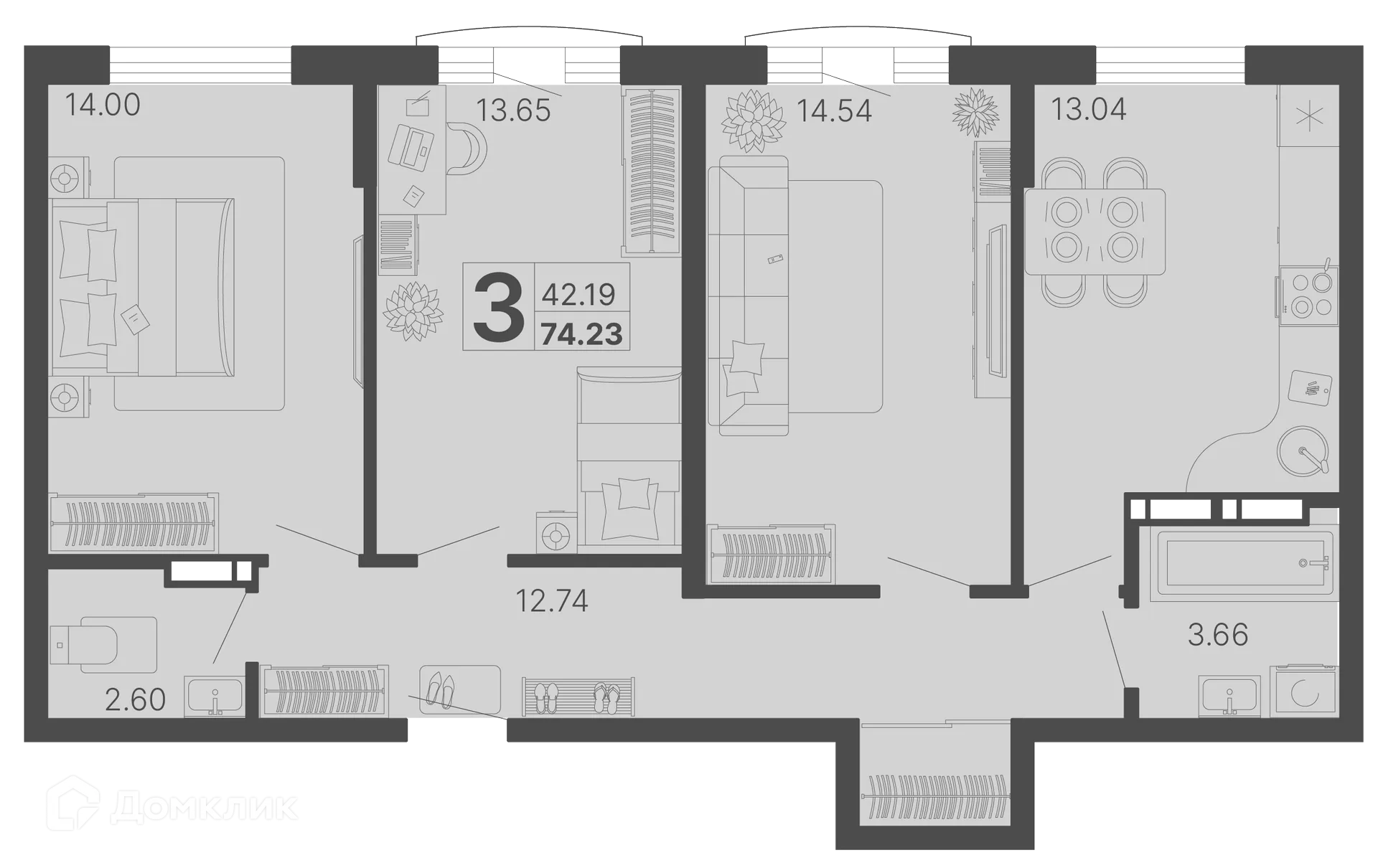 Планировка 3-комнатной квартиры 74.23 м² в ЖК Светский лес, г. Сочи — фото 1