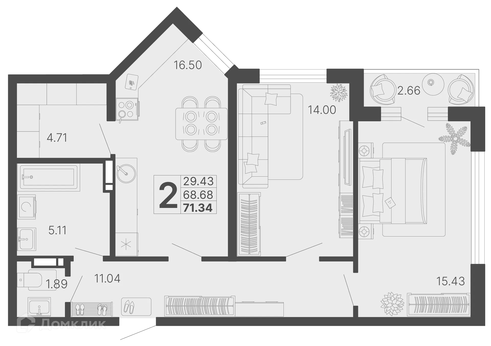 Планировка 2-комнатной квартиры 70.01 м² в ЖК Светский лес, г. Сочи — фото 1