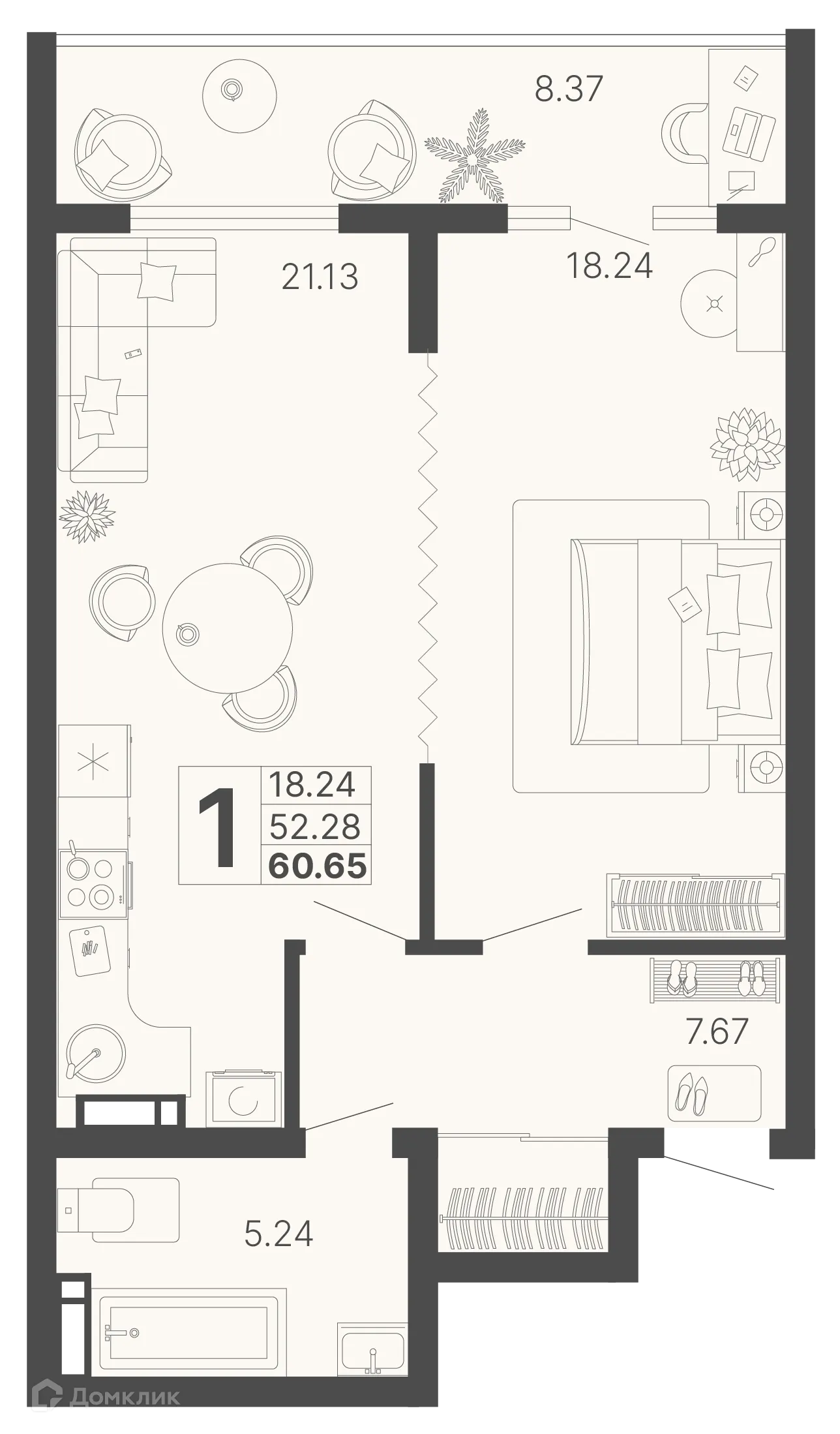 Планировка 1-комнатной квартиры 56.47 м² в ЖК Светский лес, г. Сочи — фото 1
