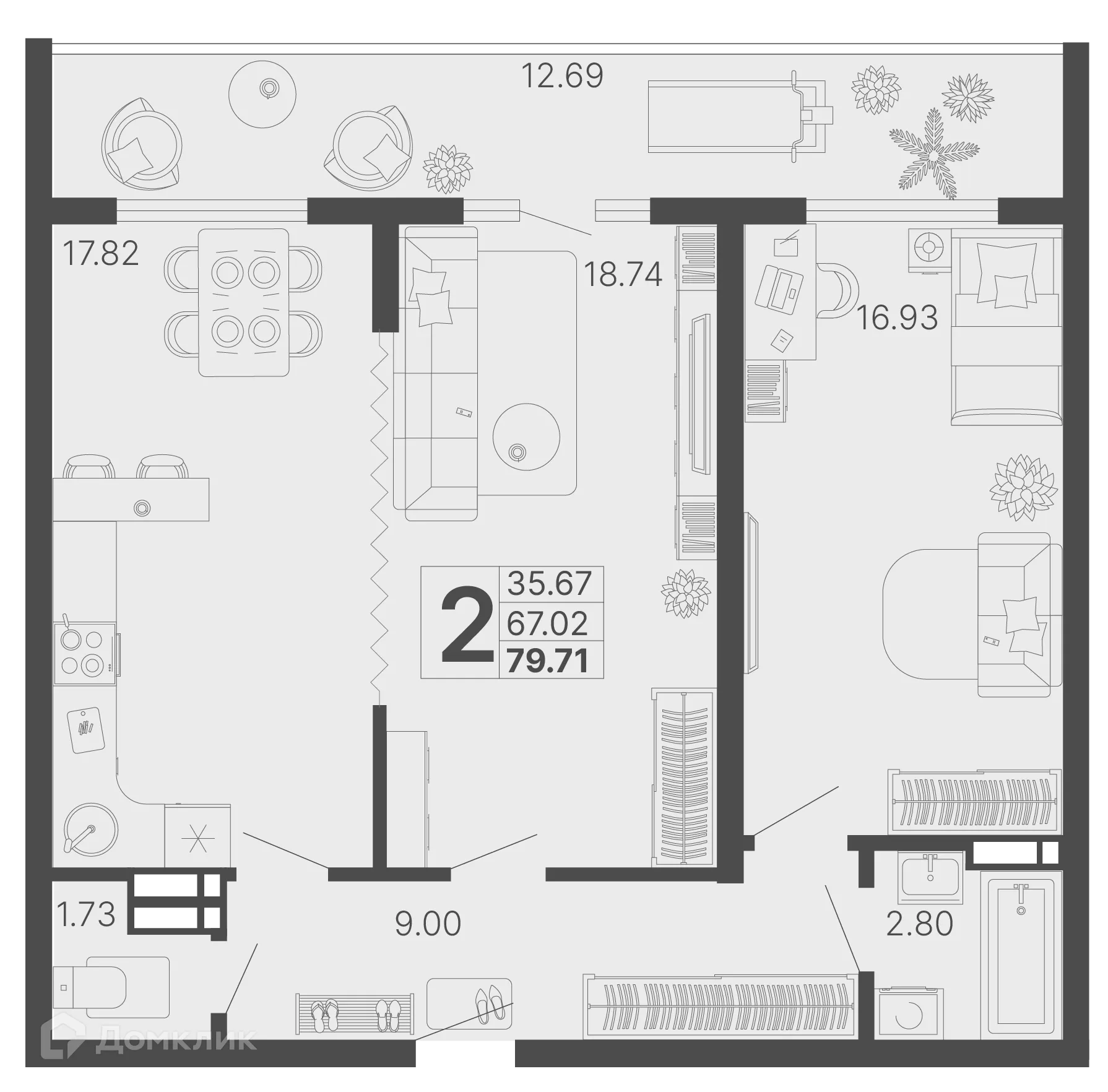 Планировка 2-комнатной квартиры 73.37 м² в ЖК Светский лес, г. Сочи — фото 1