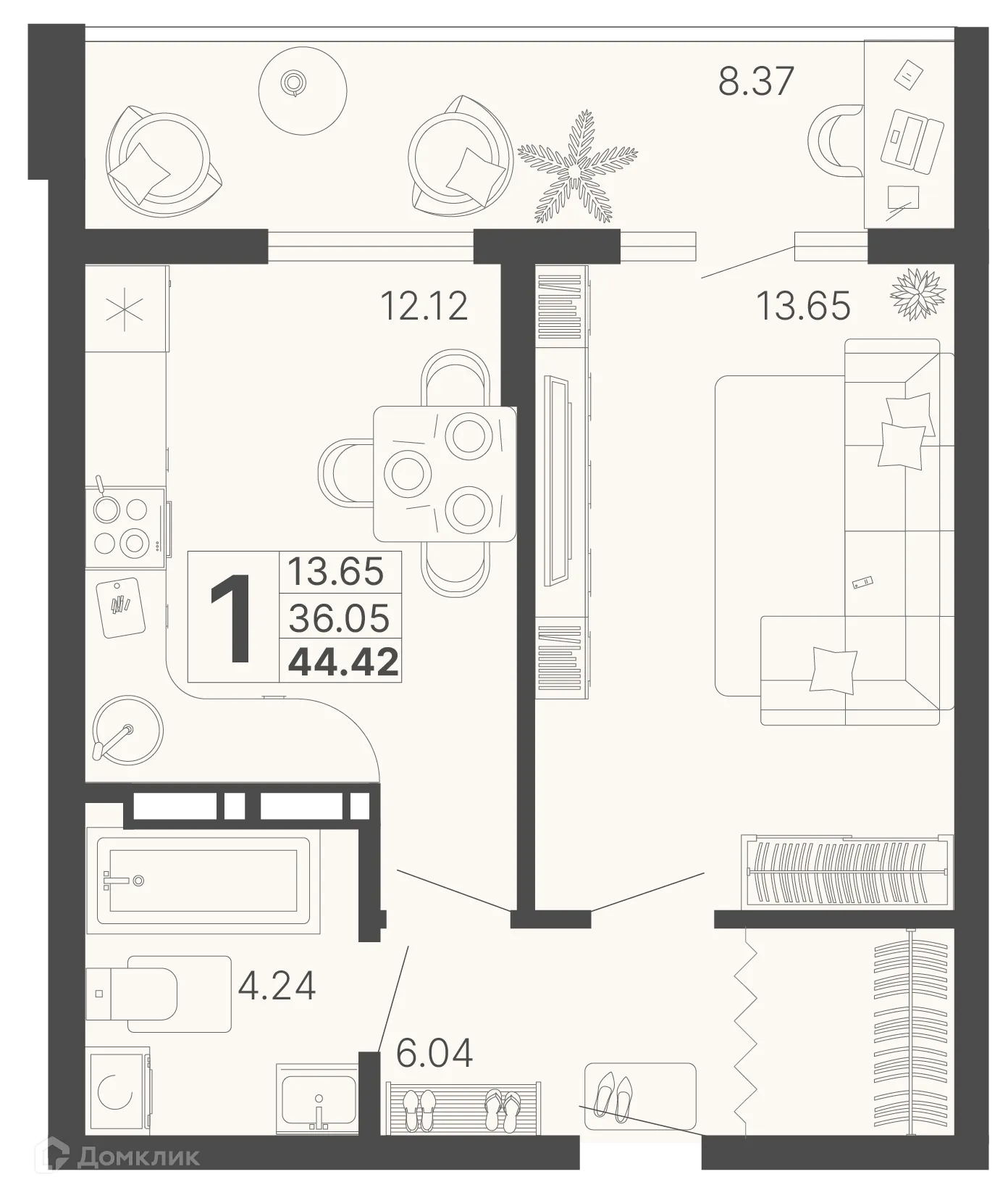 Планировка 1-комнатной квартиры 40.24 м² в ЖК Светский лес, г. Сочи — фото 1