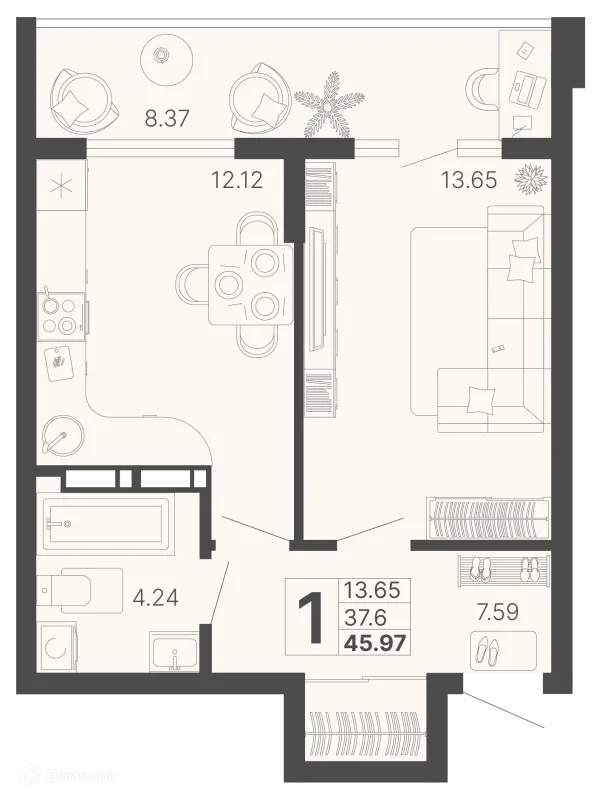 Планировка 1 комн. в ЖК Светский лес
