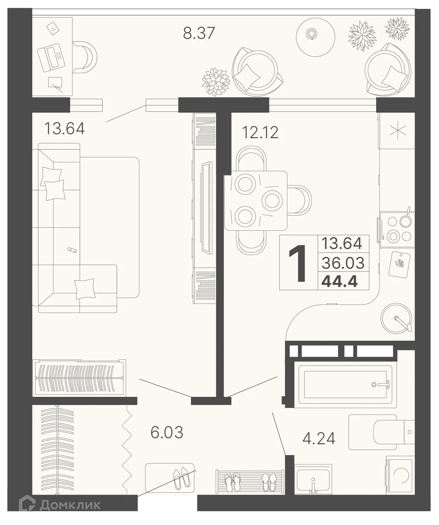 Планировка 1-комнатной квартиры 40.22 м² в ЖК Светский лес, г. Сочи — фото 1