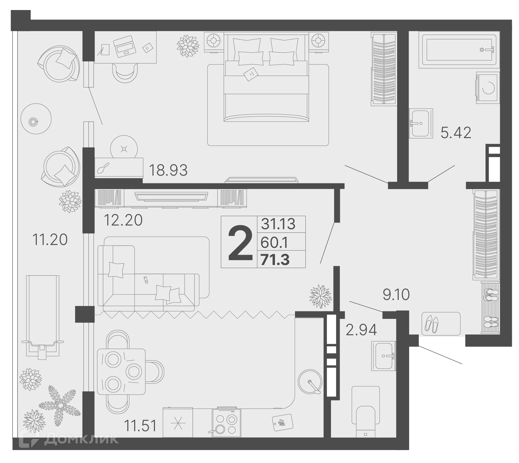 Планировка 2-комнатной квартиры 65.7 м² в ЖК Светский лес, г. Сочи — фото 1