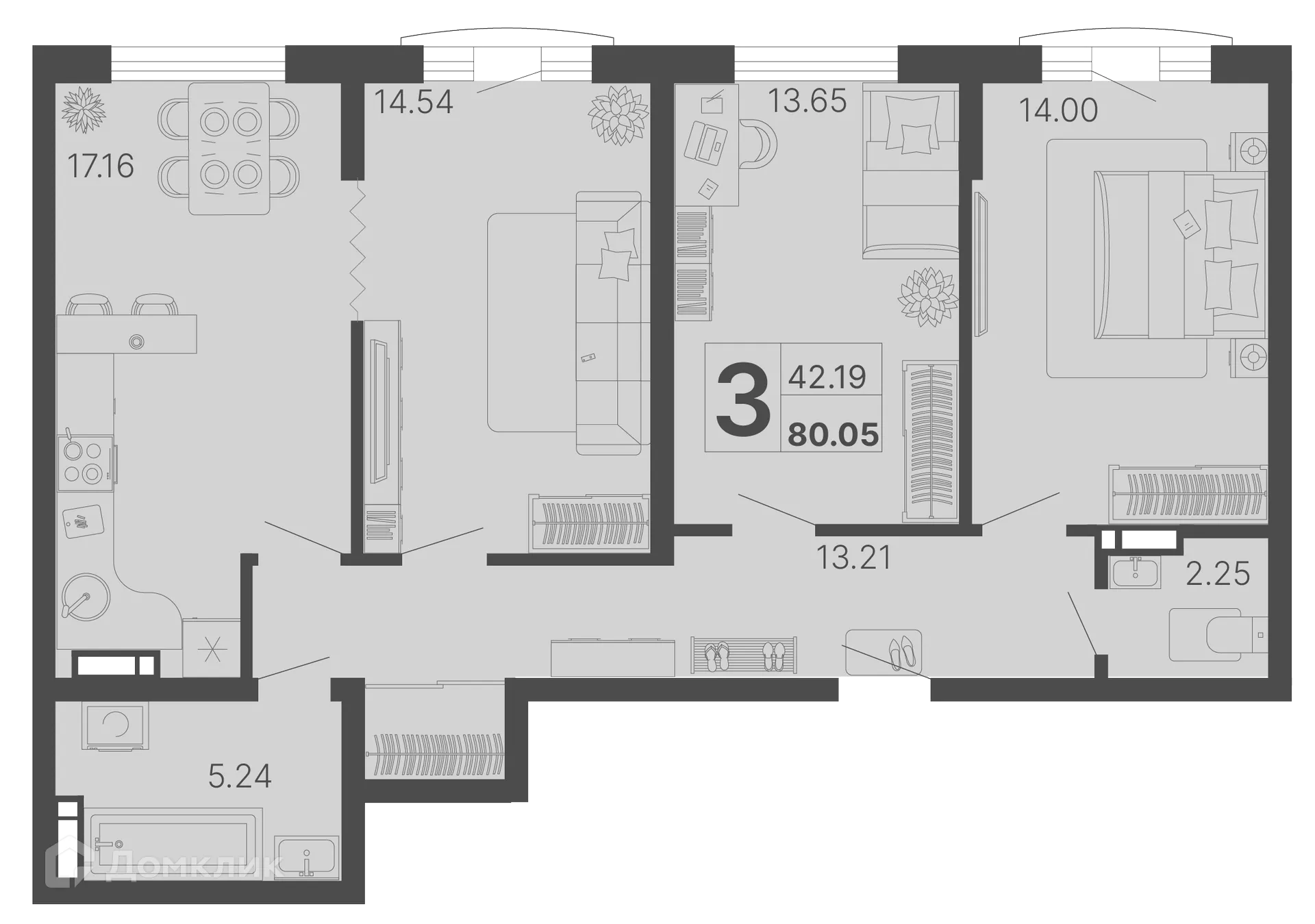 Планировка 3-комнатной квартиры 80.05 м² в ЖК Светский лес, г. Сочи — фото 1