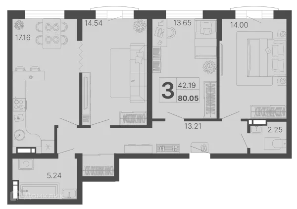 Планировка 3 комн. в ЖК Светский лес